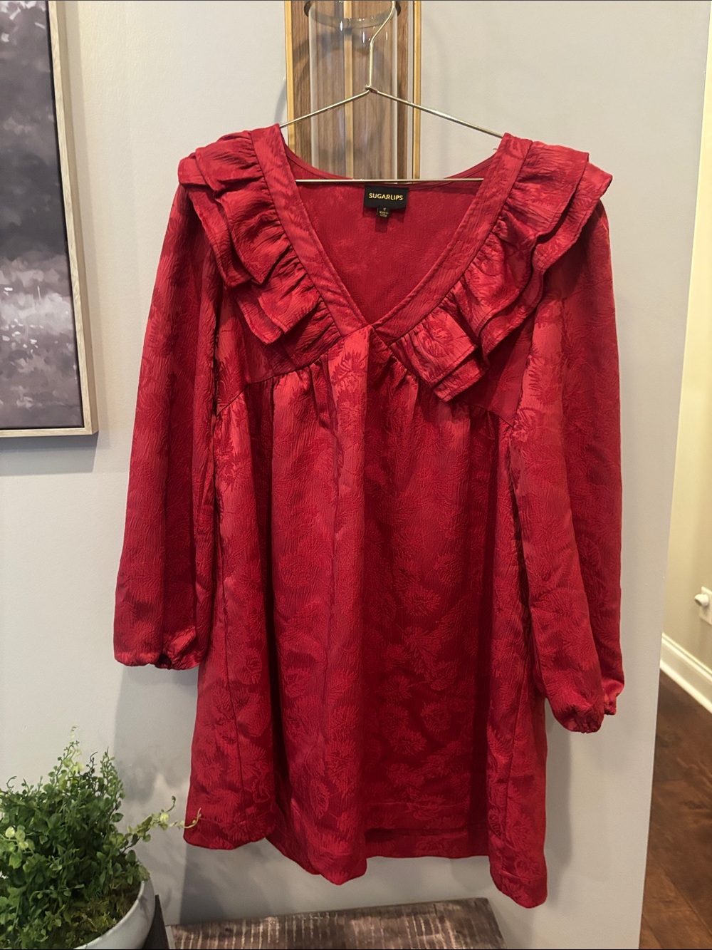 Sugarlips Red Ruffle V-Neck Tunic Dress